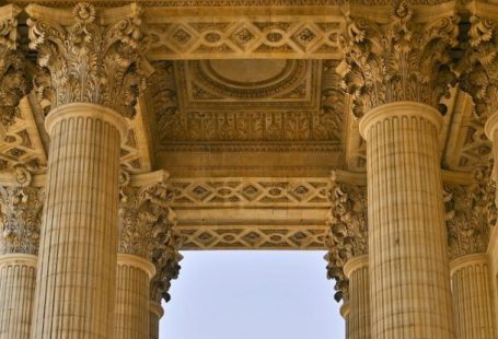 Stress-Relief - Temple entrance Corinthian columns capital sculpted leaves detail Paris France Pantheon neoclassical landmark