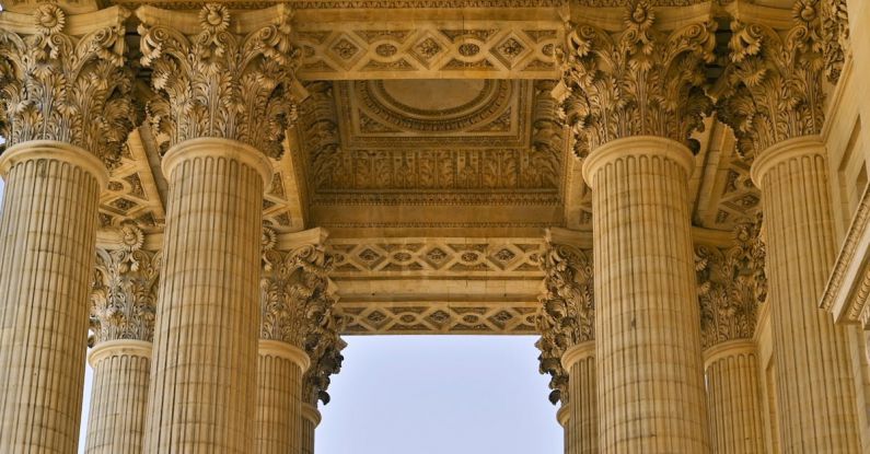 Stress-Relief - Temple entrance Corinthian columns capital sculpted leaves detail Paris France Pantheon neoclassical landmark